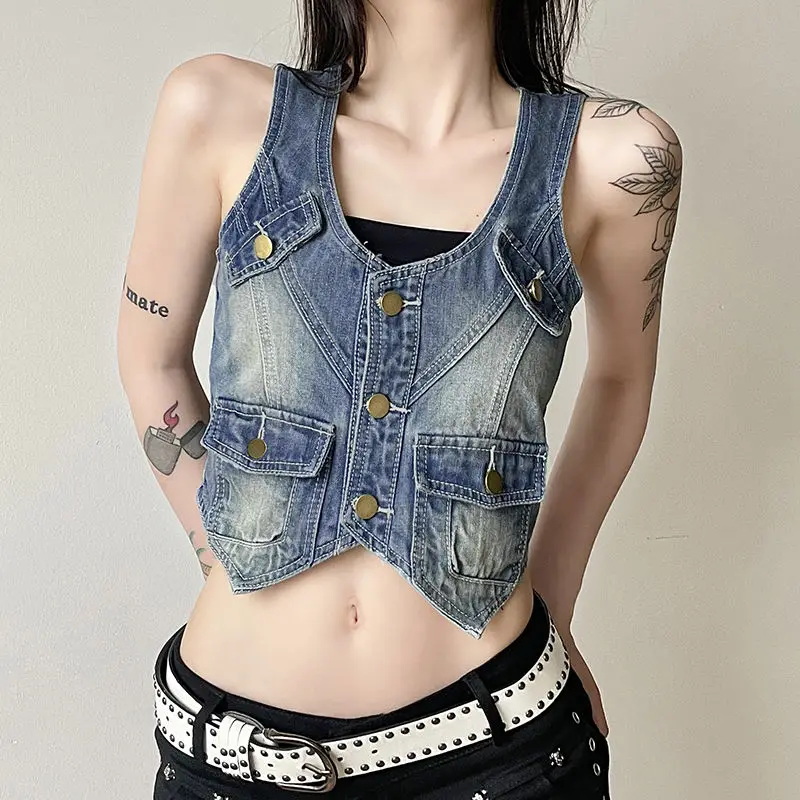 Workwear Denim Vest Button-Down Short Navel-Baring American Retro Distressed New Style Personalized Outer Vest Top