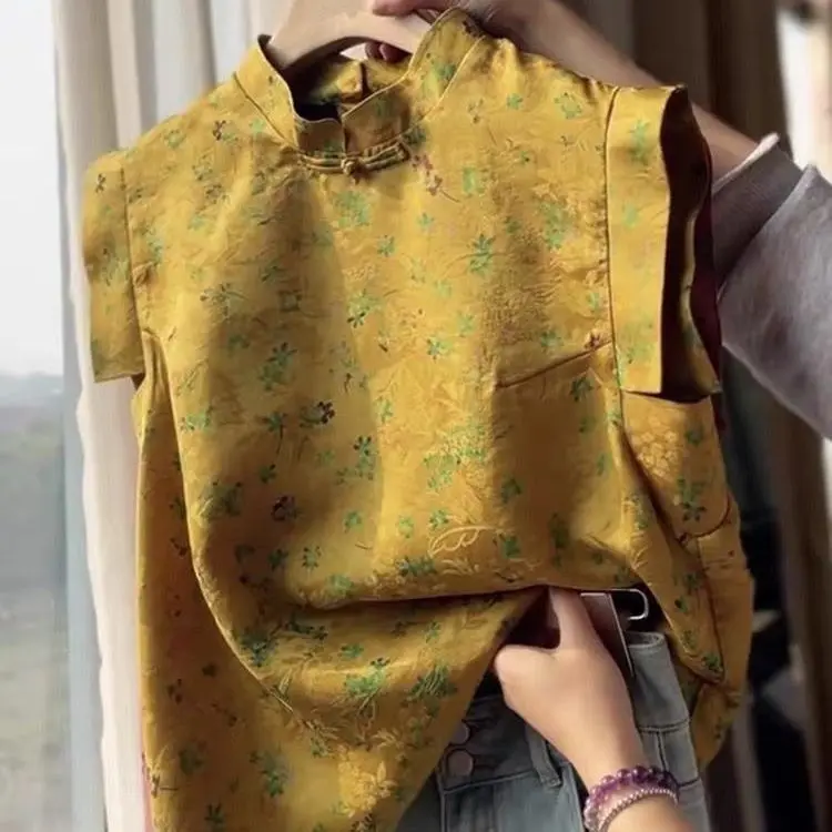 เสื้อเชิ้ตคอตั้งติดกระดุม ลายพิมพ์สวยงามไม่ซ้ำใคร สไตล์เกาหลี ทรงหลวม ผ้าโพลีเอสเตอร์ผสม แฟชั่นฤดูร้อน