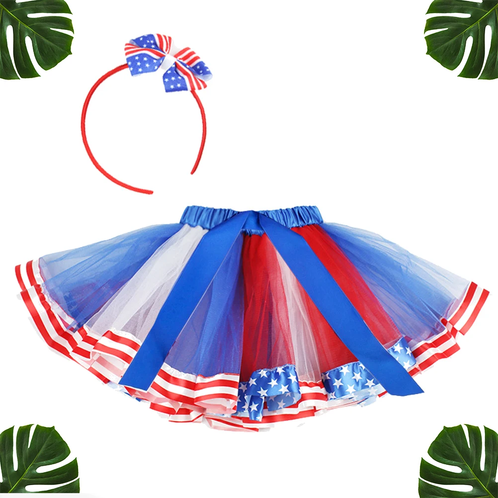 

2Pcs Flag Printed Mesh Skirt Fashion Women Dress Elastic Waist Party Dress for Independence Day Size S(Skirt+Hairhoop)