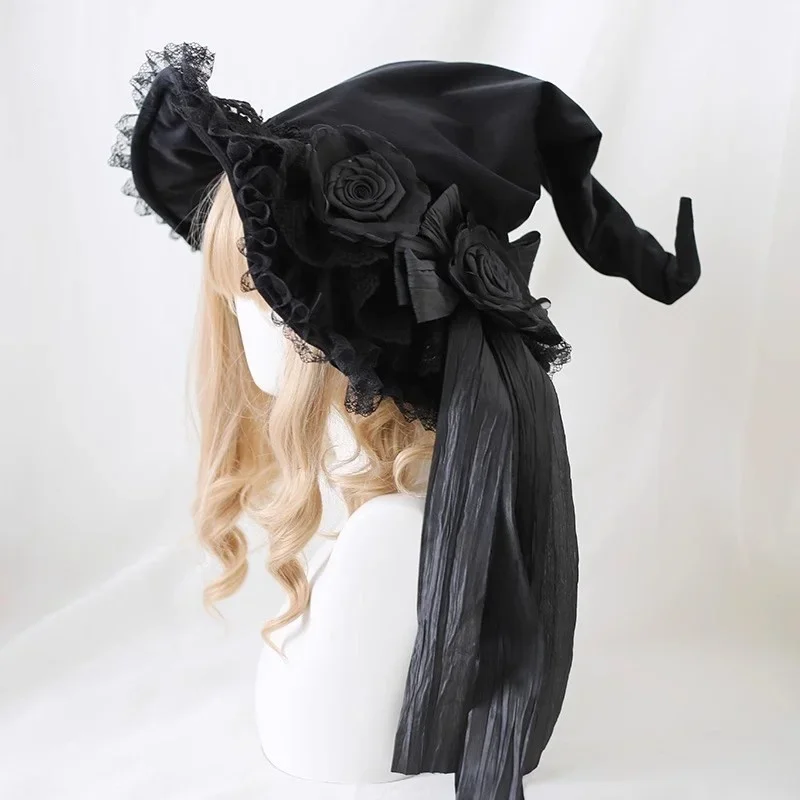 Nieuwe Gothic Handgemaakte Harajuku Magische Hoed Vrouwen Tovenaar Strik Fluwelen Kant Cosplay Kostuum Lolita Halloween Donkere Heksenhoed