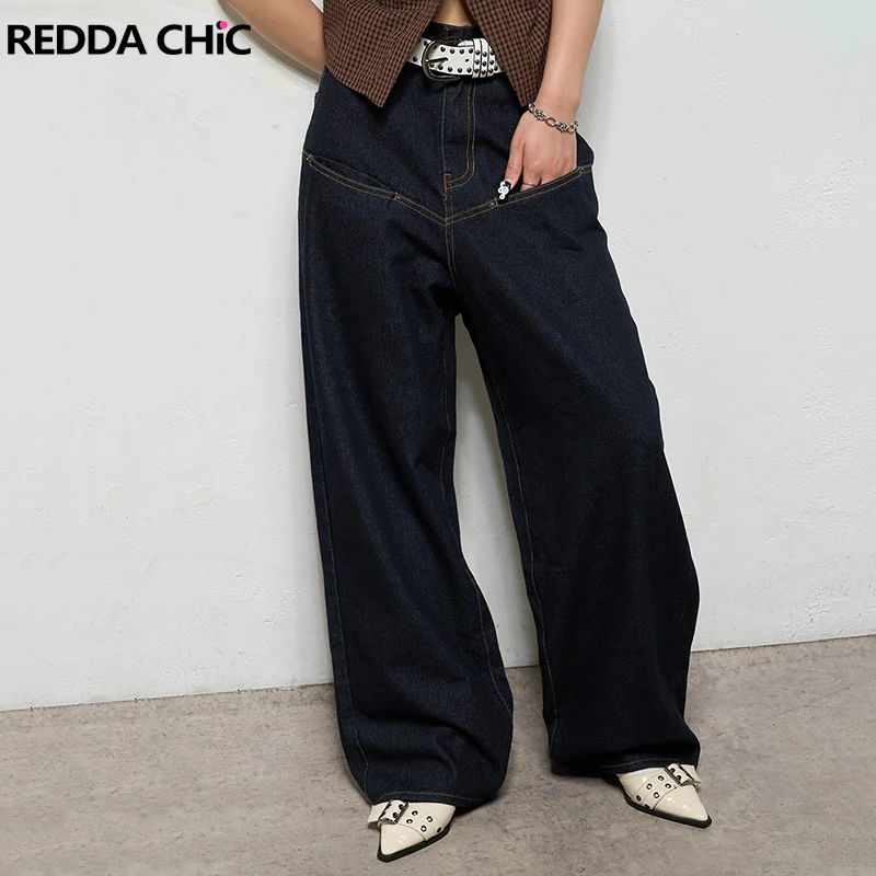 REDDACHiC Jeans de barril azul marino para mujer Unisex calle Retro suelto sólido Casual pierna ancha pantalones vaqueros de cintura baja uso diario