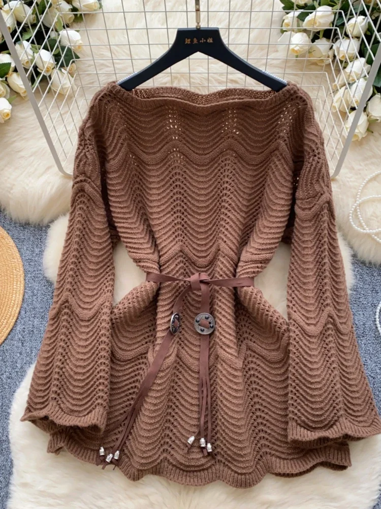 Korean Hollow Sweater Women Autumn Winter Wave Pattern Hollow Knitted Sweater Female Loose Long Sleeve Pullover Tops