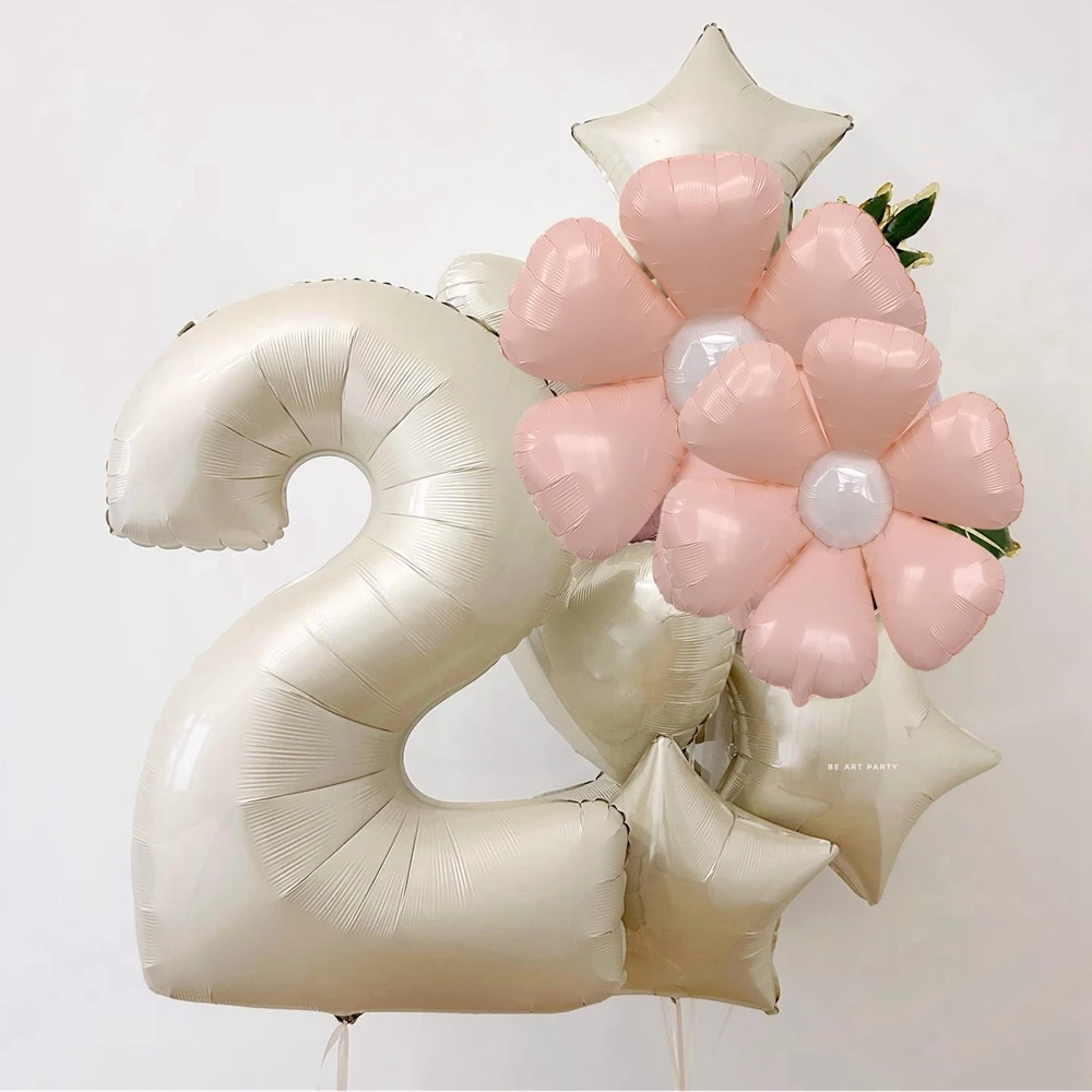 1set Pink Daisy Foil Balloon with Beige Number/Heart/Star Balloon for Happy Birthday Annerversay Baby Shower Party Decorations