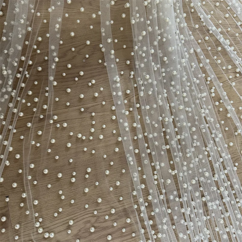 High Quality Hot Style Quality Off White  Heavy Rich Pearls Wedding Dress Gown Tulle Lace Fabric Unique French  Lace Fabric