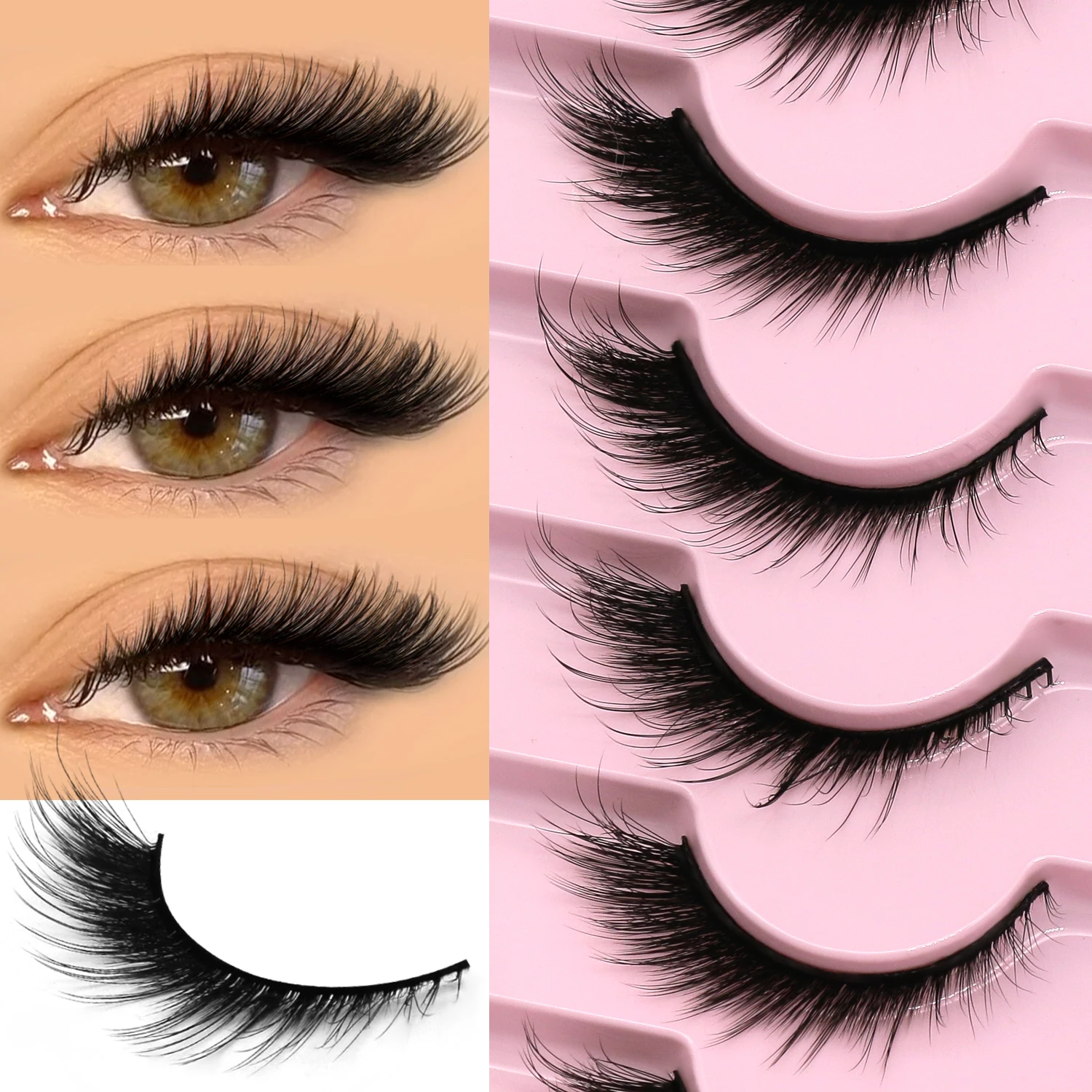 Lasvirey Cat Eyelashes Fluffy False Lashes Soft Cross Natural 5D Volume Fluffy Thick Lashes Dramatic Faux Mink Lashes Extension