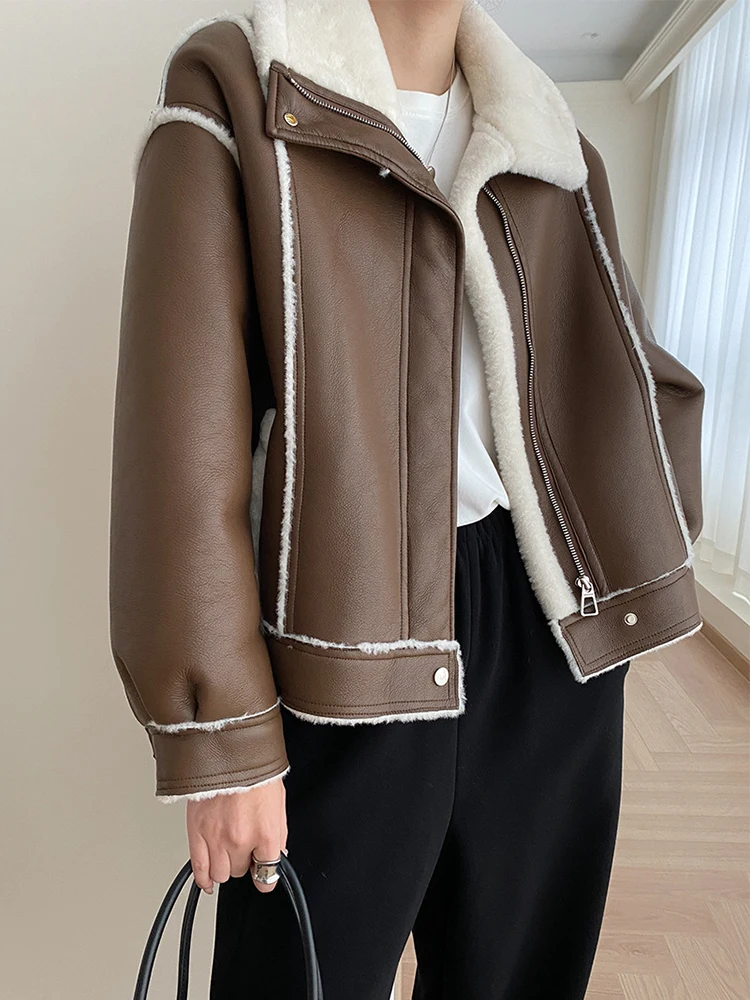 Thickened Warm Faux Fur Imitation Mink Coats Women 2024 New Simple Classic Fur Lined Winter Motorcycle Leather Jacket