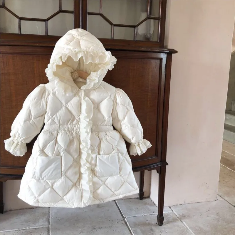 2024 new Winter Girls Kids Cotton Thick Warm Long Coats Elegant Baby Ruffles Hooded Overcoats Children Clothing