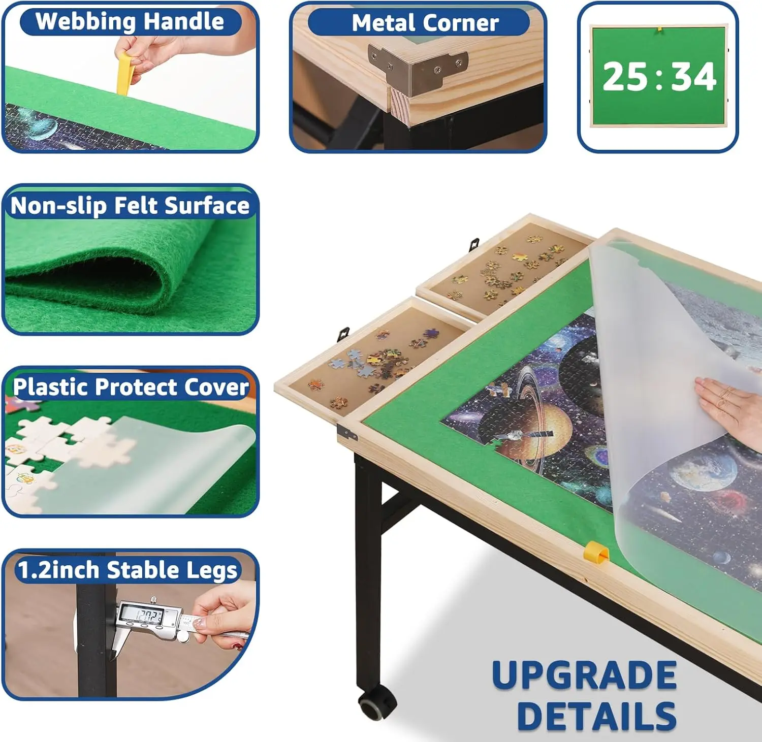 Mesa de quebra-cabeça ajustável de 3 ângulos de 1500 peças com gavetas, pernas e capa de metal dobráveis portáteis, sobre rodas para adultos