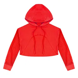 Kids Girls Jazz Dance Performance Costume Drawstring Hooded Sweatshirt Crop Top Mesh Long Sleeve Hip Hop Clothing 4 6 8 10 12 14