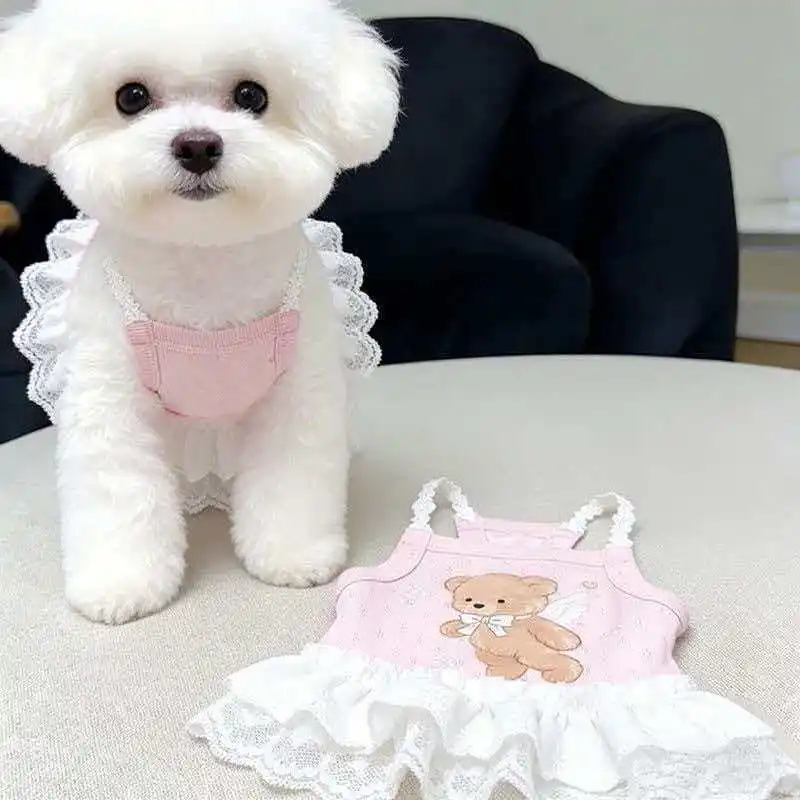 Cartoon Pet Dresses Lace Camisole Dress Thin Breathable Small Bear Vest Dress for Small and Medium-sized Dogs Cats Puppy Clothes