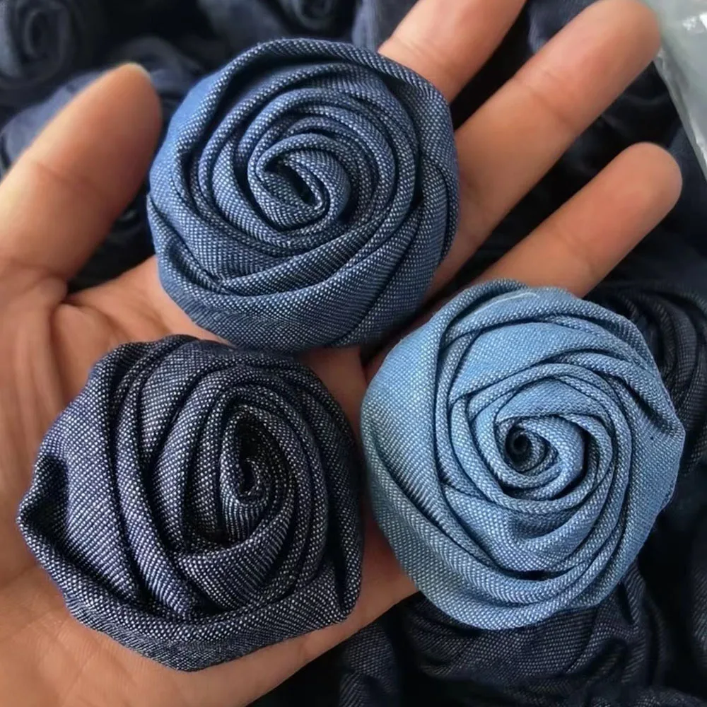 

2.0 Inch Denim Fabric Rose Flower Rolled Rosette Blooms Flat Back Children DIY Accessories Fabric Rosette For Hats Shoes Garment