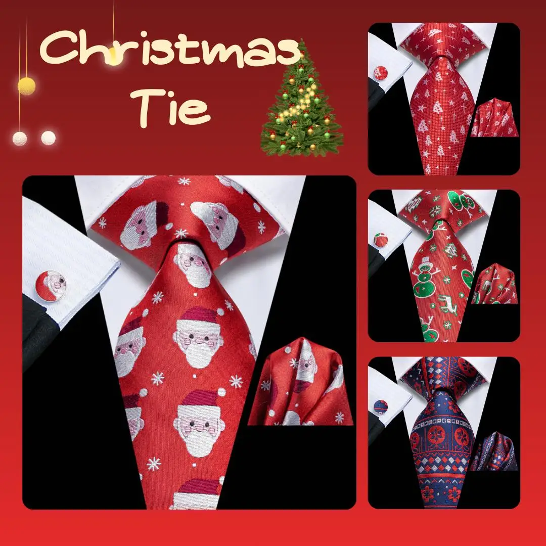 Christmas Red Tie Set 3 Pieces Men Necktie Pocket Square Cufflinks Xmas Wedding Party Suit Accessories Gifts for silk Boyfriend