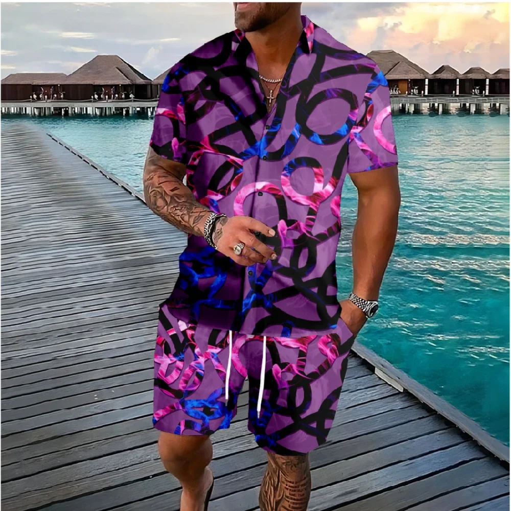 Gaya liburan Hawaii warna asap elemen kemeja kancing set celana pendek Streetwear pakaian olahraga kasual pantai pakaian pria