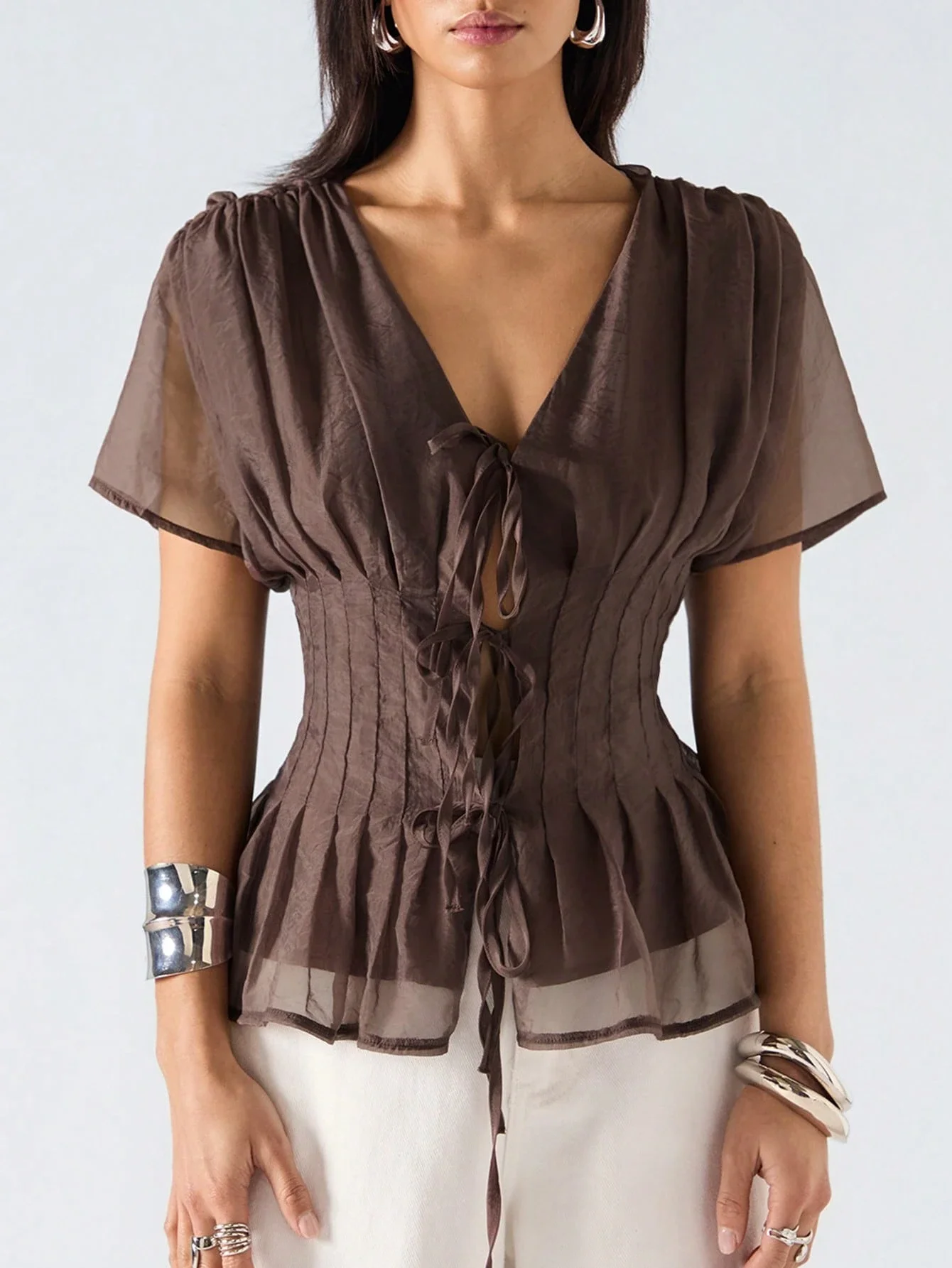

Brown Solid Color V-Neck Short Sleeve Blouse With Lace-Up Front And Pleated Waist