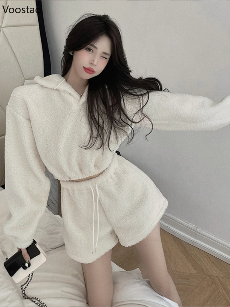 Autumn Winter Women Kawaii Shorts Set Soft Plush Bear Ears Hooded Sweatshirt High Waist Shorts Suit Girls Hoodies 2 Piece Sets