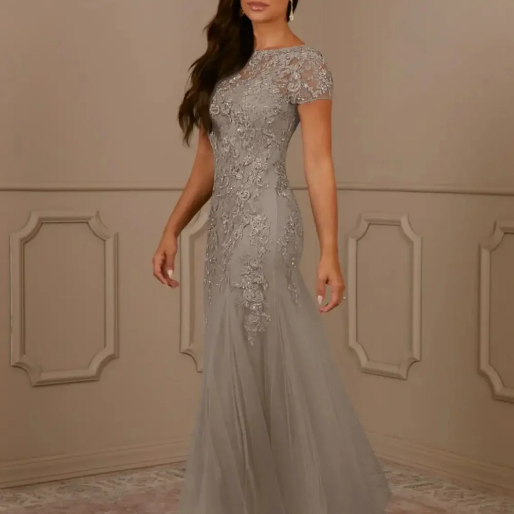 Customized Mother of the Bride Dresses Mermaid Bride Party Dress Tulle Applique Formal Gowns Short Sleeve robes invitée mariagee