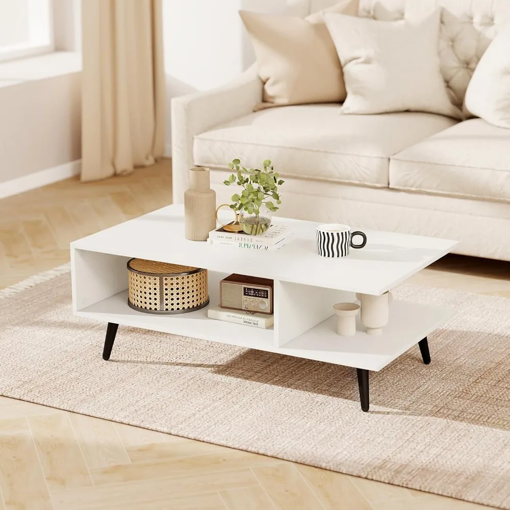 

Wood Coffee Table, 2-Tier Mid Century Modern Center Table with 2 Open Storage Compartments & Metal Legs, Rectangular Acc