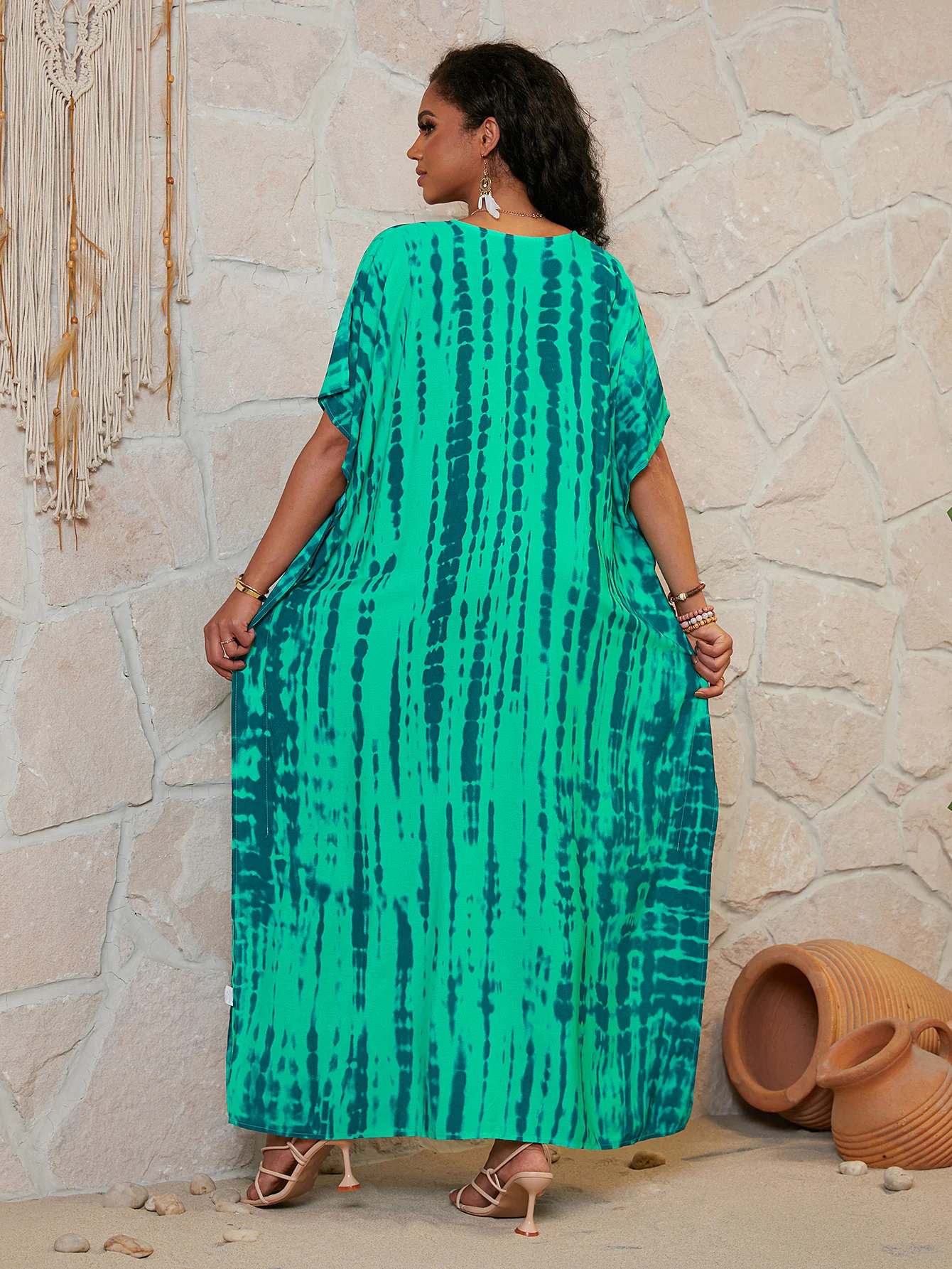 Women's Boho Style Cover Up, Plus Size Ombre V Neck Loose Fit Vacay Beach Kaftan Dress