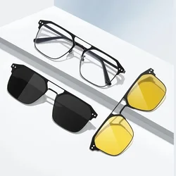 COHK 3 In 1 New Trend Magnet Sunglasses Men Polarized Metal Sun Glasses For Male Night Vision Eyepiece Square Eyeglasses Frame