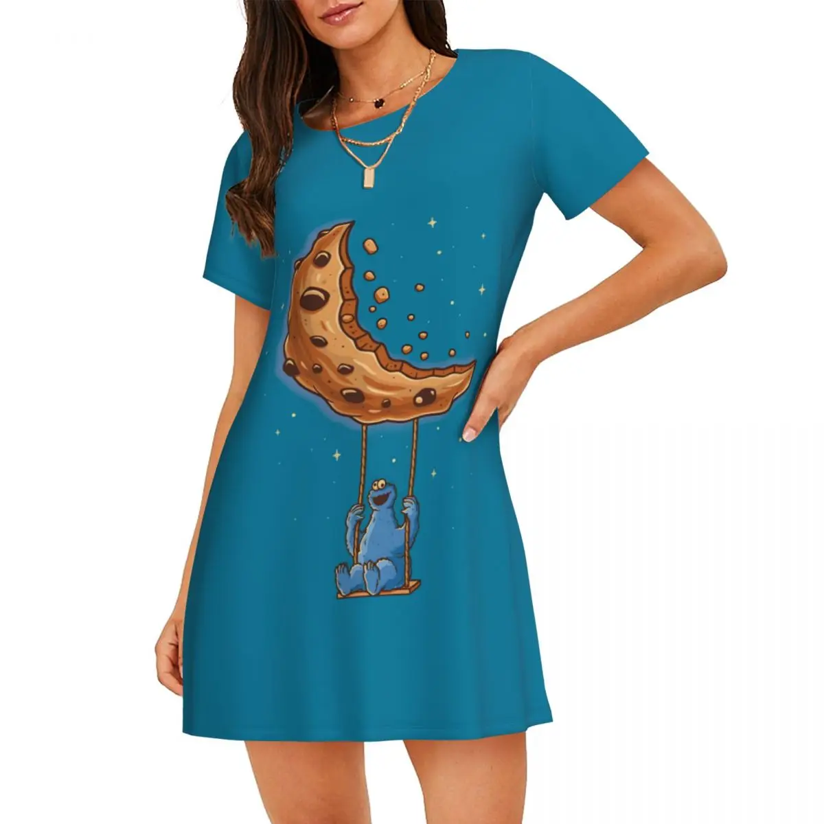 

Custom Cookie Monster Short Sleeves Women Nightdress For Sleeping Womens Sleepshirts Children's Television Dress Sleep Dress