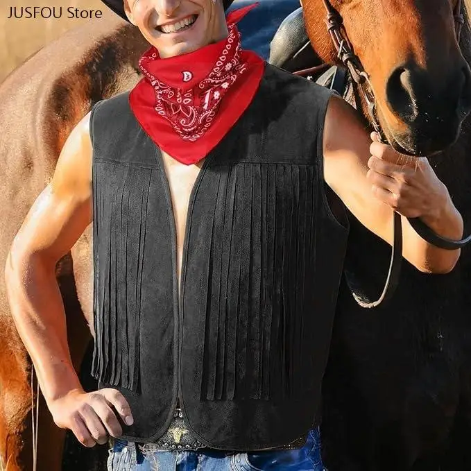 Vintage Unisex Suede Fringe Waistcoat Cropped Sleeveless Open Front Vest Retro Tassel Shawl Cape for Men Women