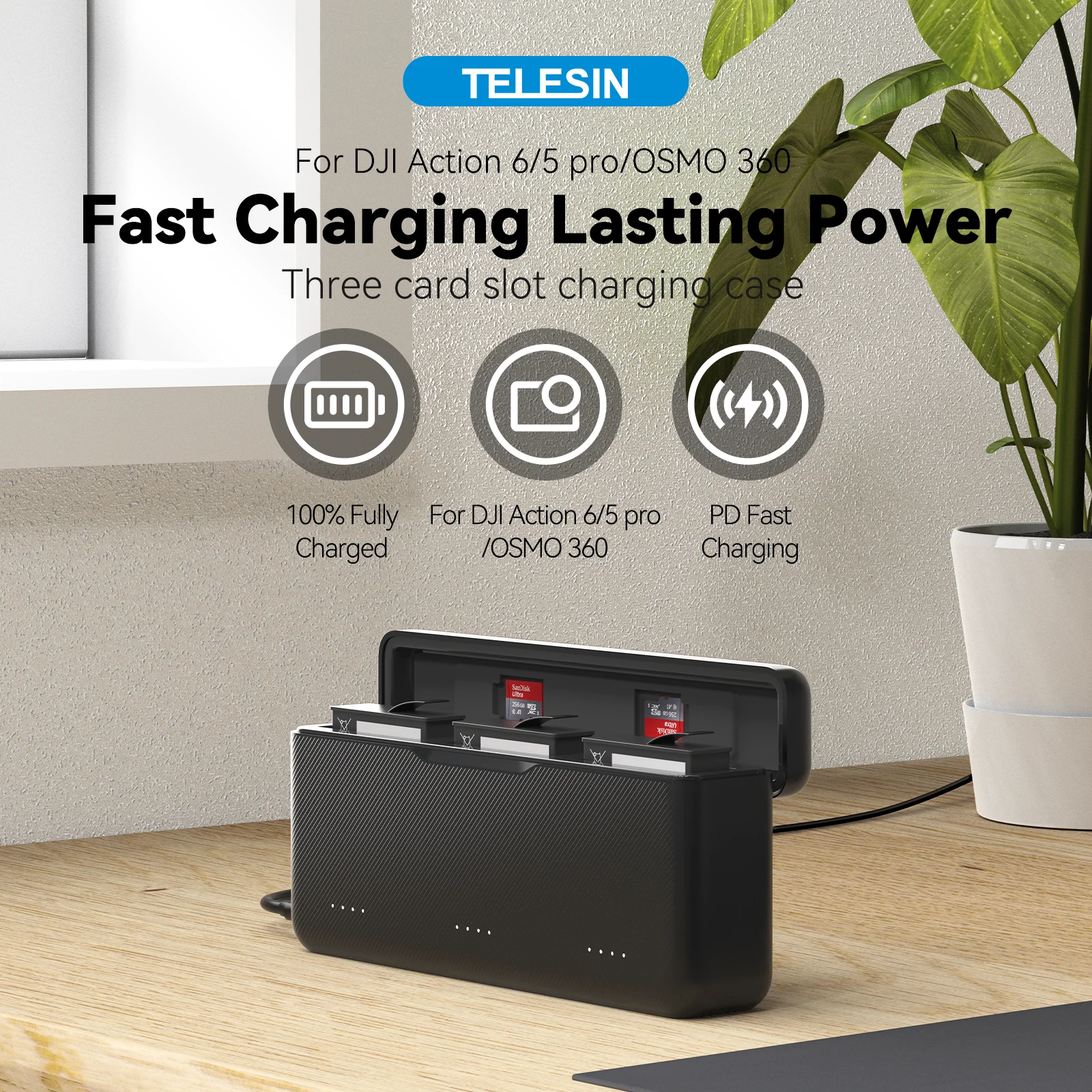 TELESIN 18W PD Fast Charger For DJI OSMO Action 6 5pro OSMO 360 TF Card 3 Slots Battery Pocket Charging Storage Box