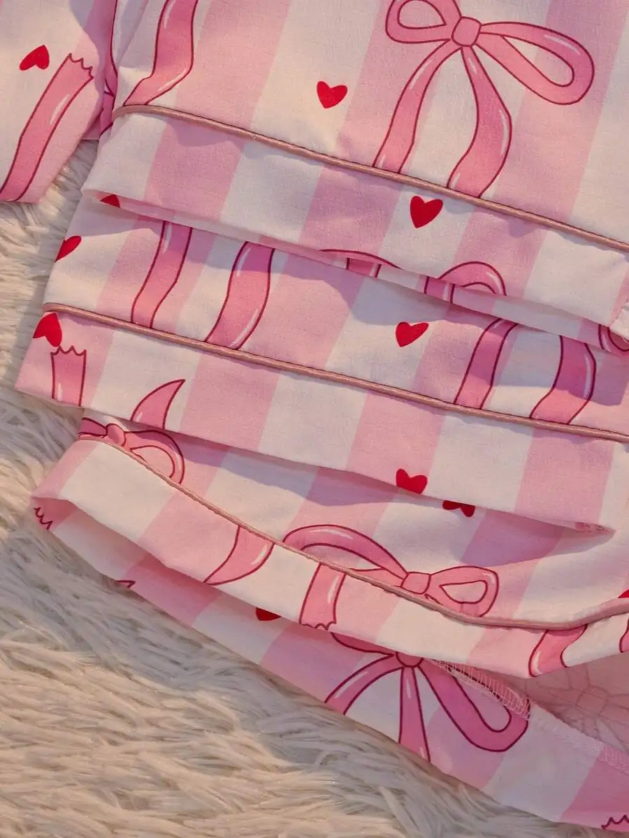 

3pcs Women Pajama Set Striped Heart Bow Print Short Sleeve Top And Shorts Comfortable Sleepwear