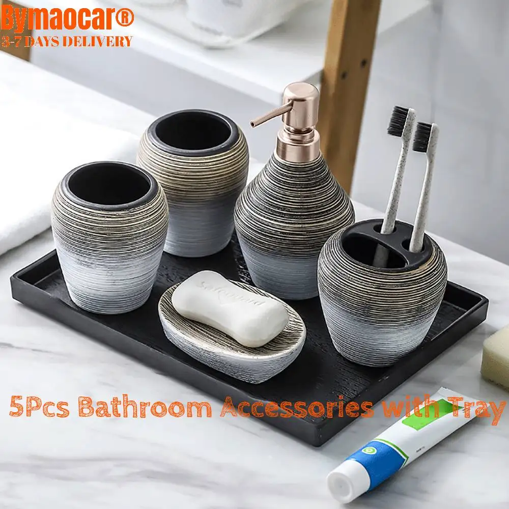 

5Pcs Bathroom Accessories with Tray, Ceramic Set,Dispenser Toothbrush Cup Holder,Soap Dish,Lotion Bottles,Tumbler for Home Decor