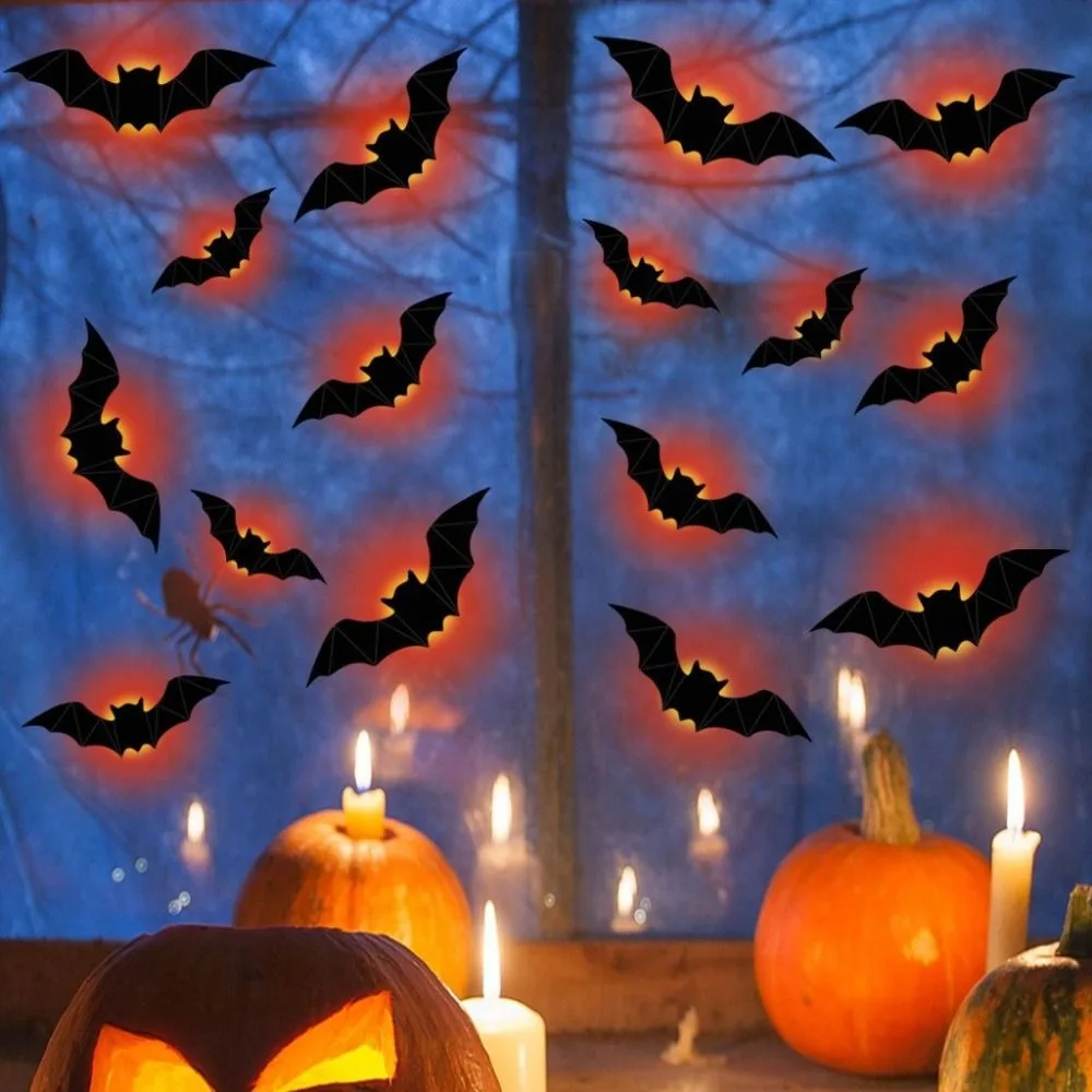 16pcs 3D Luminous Bat Wall Sticker PET Material Self-Adhesive Glowing Wall Sticker Reusable Removable Halloween Wall Decal