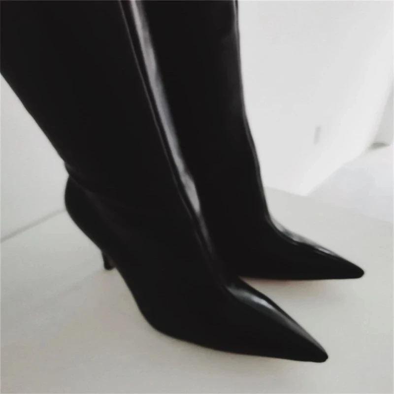 Real Photo SUPER 2023 Women\'s Thigh High Boots Black Leather Lining Stiletto Heels 4 Season Shoes Botines Large Size 39 43 47