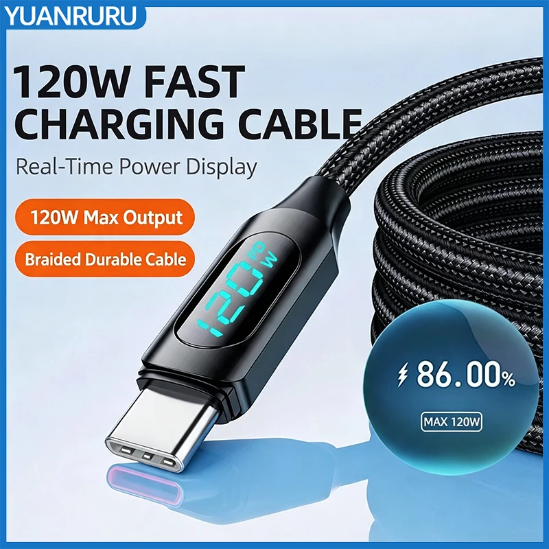120W 6A USB C to USB A Charging Cables with LED For Huawei Xiaomi Samsung Weaving s USB C to USB C Quick Charge Wire