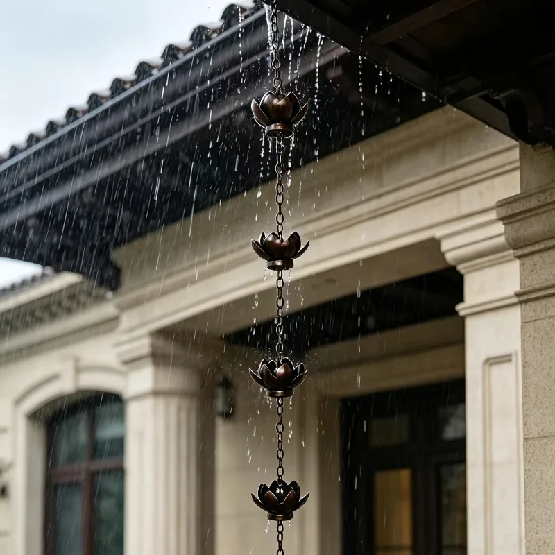 Outdoor Wrought Iron Lotus Rain Chain, Garden Eaves Decoration Hanging Chain, Suspended Drainage Chain for Courtyard Roof