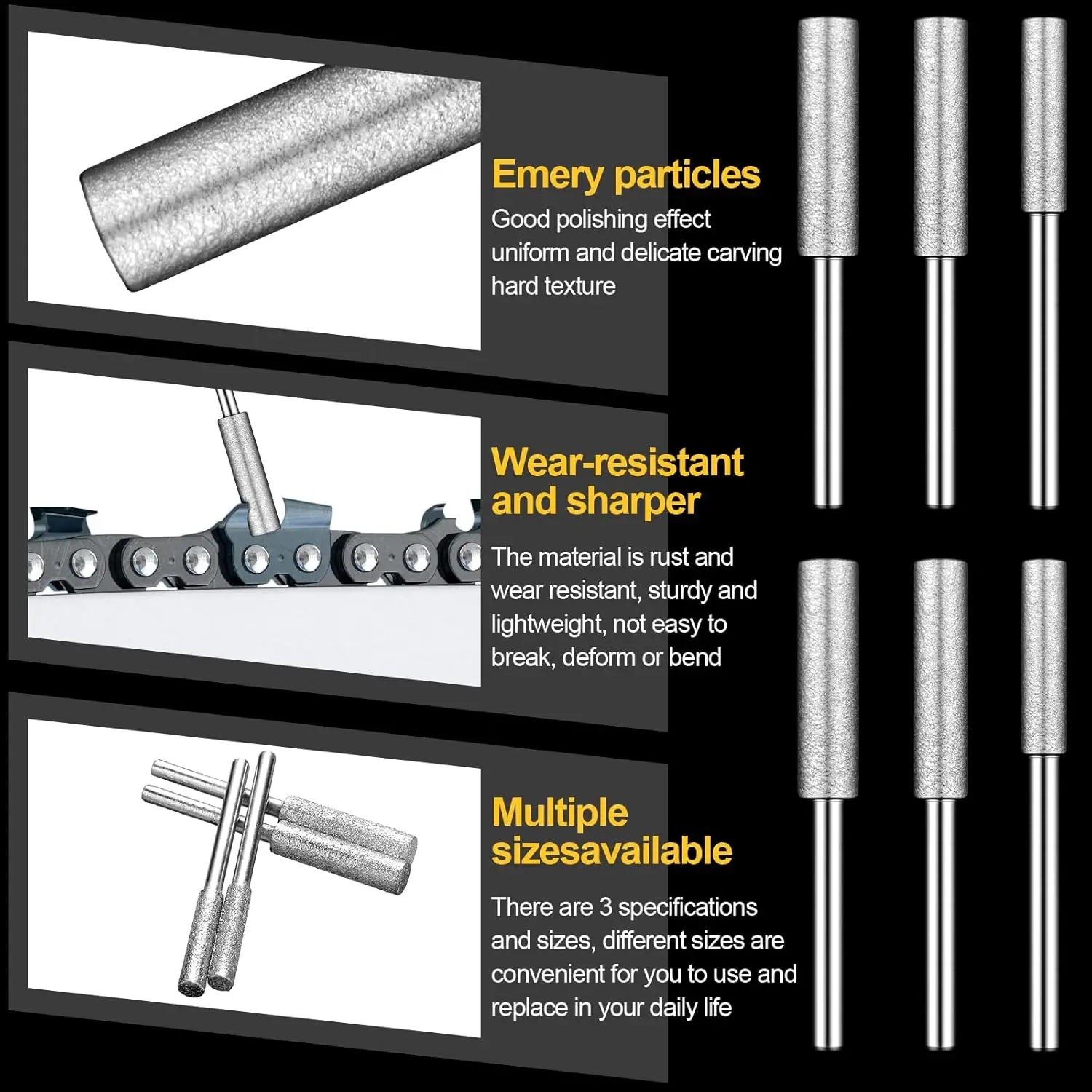 SI FANG 6pcs Diamond Coated Burr Chainsaw Sharpener Stone Set 4/4.8/5.5 Cylindrical File Chain Grinding Carving Sharpening Tools