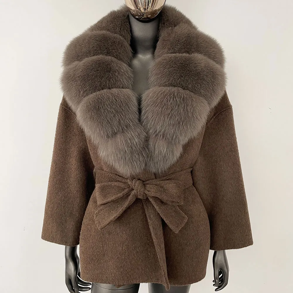 Woolen Jacket Elegant Wool Coat Women Loose Real Raccoon Fox Fur Coat 2026 Belt Pocket Winter Blends Outerwear Casual Spring