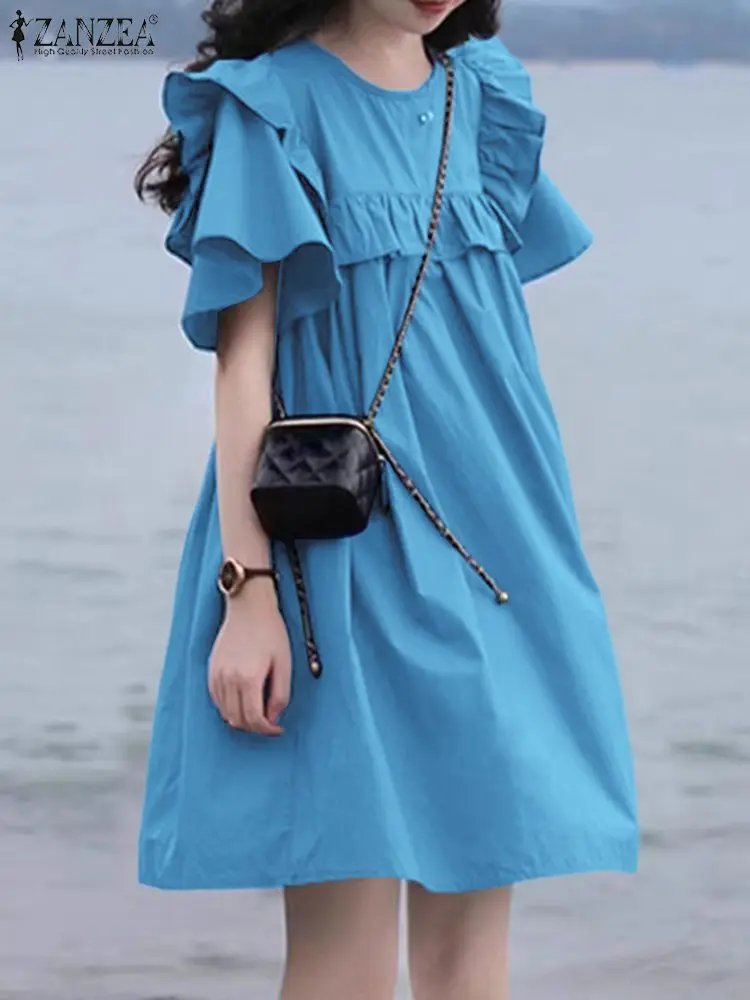 

ZANZEA Women Summer Sweety Dress Korean Ruffled Patchwork Mini Dress Fashion Ruffle Short Sleeve Vestidos Casual Round Neck Robe