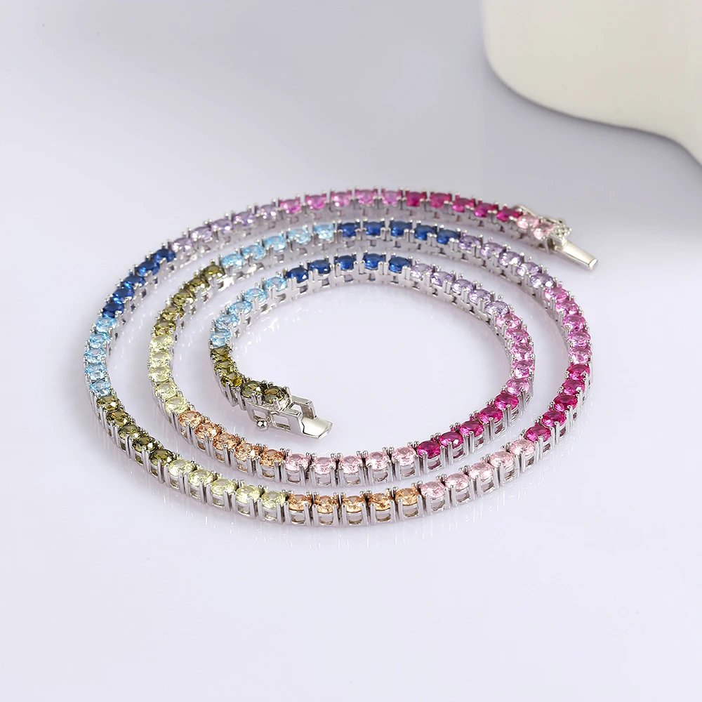 16-24นิ้ว100% รับประกันแท้925เงินสร้อยคอสร้อยคอเทนนิสการตั้งค่า Pave 3Mm Sparkly Rainbow Zircon เครื่องประดับ Fine