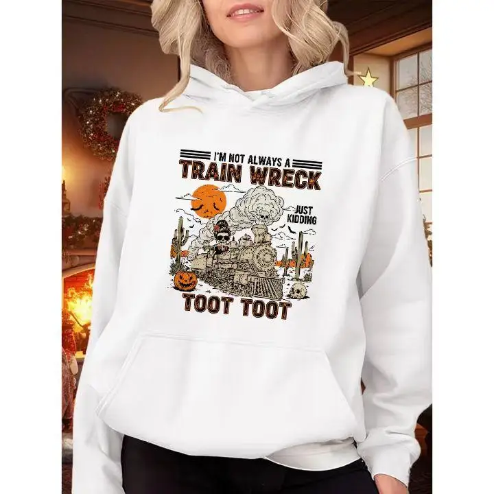 

Halloween Train Sweatshirt, Women's I'm Not Always a Train Wreck Funny Pumpkin Graphic Hoodie,Spooky Season Fall Pullover Jumper