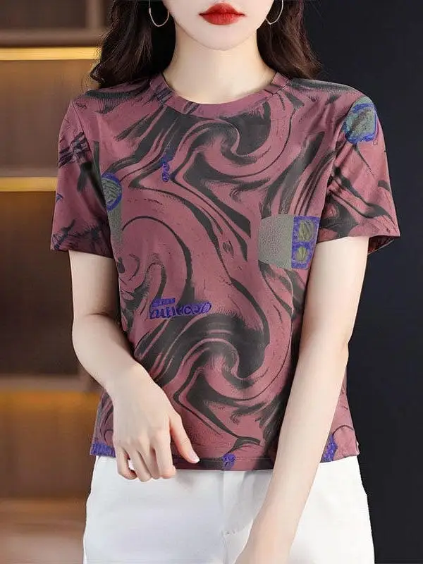 

Loose Short Sleeve T-Shirt Women's Fashionable Versatile Summer Top Shoulder Width Standard Polyester Fiber Printed Warmth
