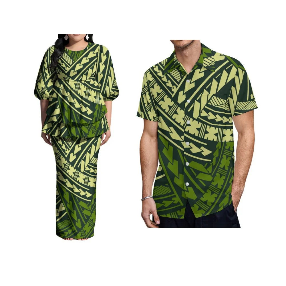 Robe de costume pour femmes, imprimé Floral Samoan, Puletasi personnalisé, manches bouffantes, ourlet Double couche, chemise pour hommes, robe de Couple