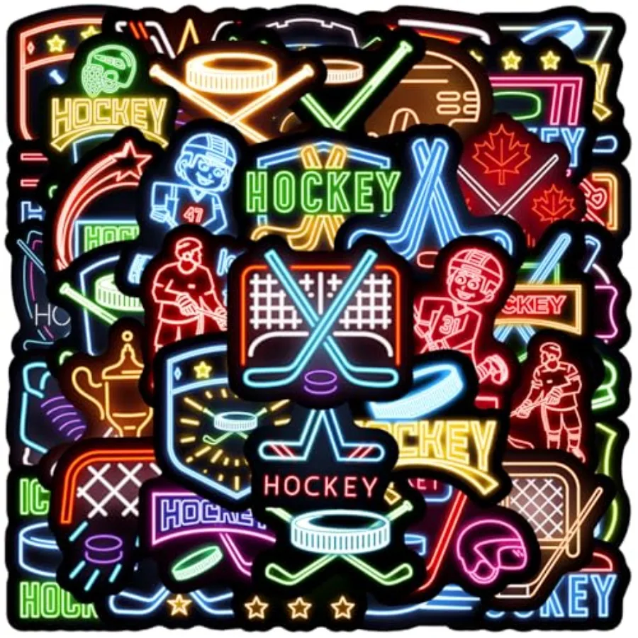 

50pcs Neon Ice Hockey Waterproof Vinyl Stickers - Hockey Decor and Party Favors for Laptop, Water Bottle, Classroom