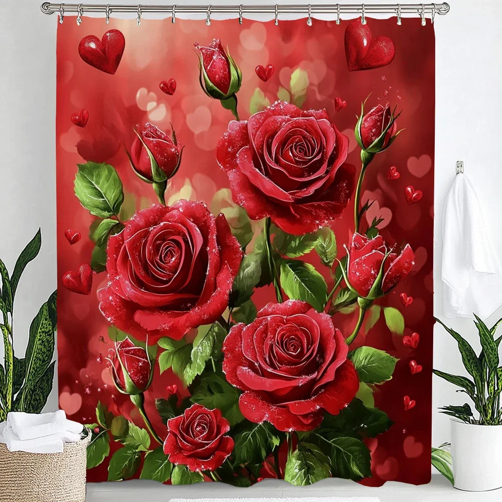 1pc Red Roses Flowers and Love Patterns Print Waterproof Shower Curtain With Hooks，Home Decoration Valentine's day Curtain