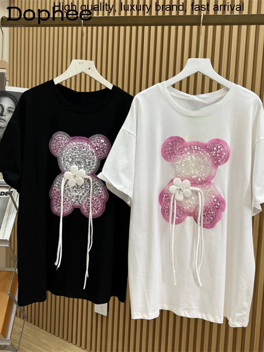 T-shirt Women Oversize Heavy Embroidery Sequins Cartoon Bear Loose Casual Cotton Short Sleeve Tshirt Top 2023 New Summer Clothes