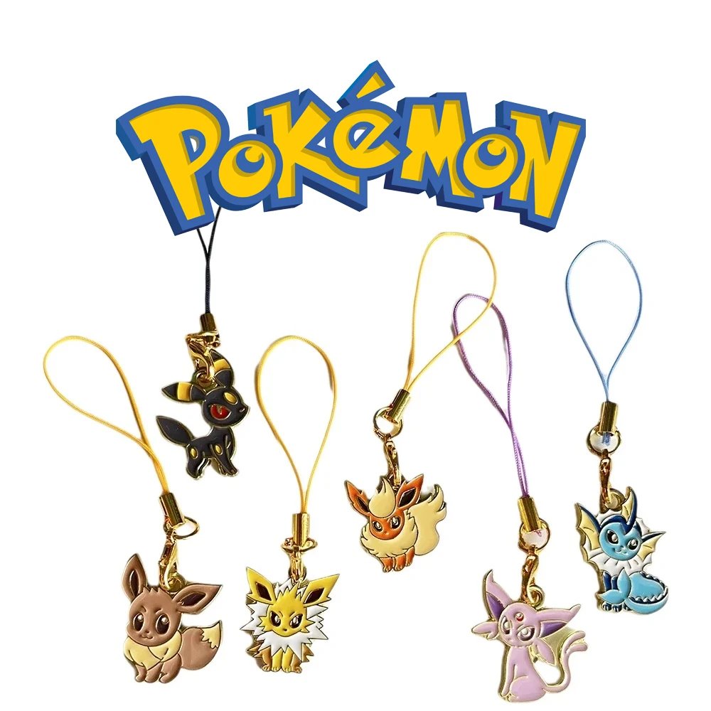 6 Stück Anime Pokemon Eevee Handyanhänger, schöne Cartoon-Schlüsselanhänger, Umhängeband, Taschendekorationen, mobiles Zubehör-Set für Schlüssel und Riemen