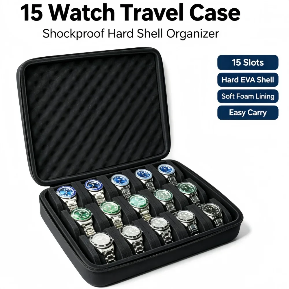 15 Slots Travel Watch Box Portable Smart Watches Display Case EVA Travel Watch Jewelry for Men Women Watch Collection Organizer