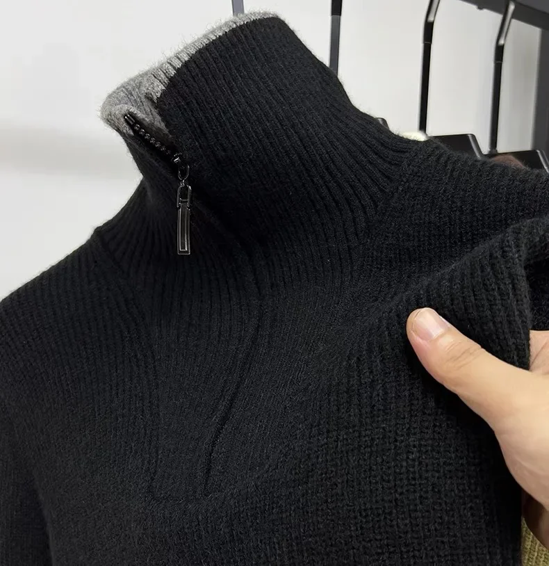 High-End-Marken-Trend-Männer-Pullover mit halbem Reißverschluss 2024, Herbst und Winter, neue lässige Mode, verdickter einfarbiger Strickpullover mit Stehkragen – Detail 14
