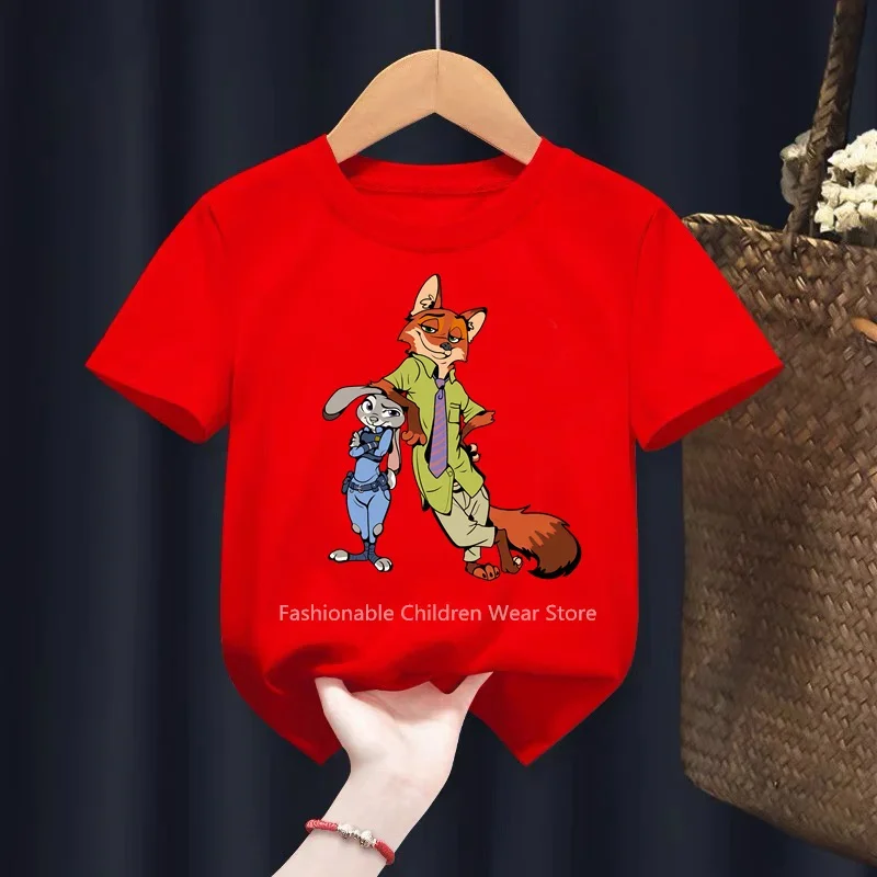 New Disney Zootopia Fun Cartoon Print T-shirt for Kids Summer Boys Girls Outdoor Cotton Casual Fashion Short Sleeve