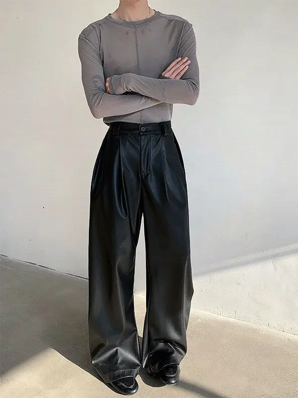 

Spring Vintage Leather Pants Men's Casual Motorcycle Sle High Waist Wide Leg Trousers Trendy Straight Blade Design