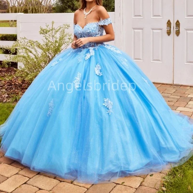 Angelsbridep-vestido de baile feminino de tule, azul céu, vestidos Quinceanera com brilho, vestido de festa, vestidos elegantes, 2020