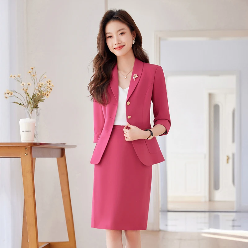 NAVIU-Costumes jupe de bureau pour femme, style français, ensemble deux pièces, blazer court à simple boutonnage, manches mi-longues, jupe pour