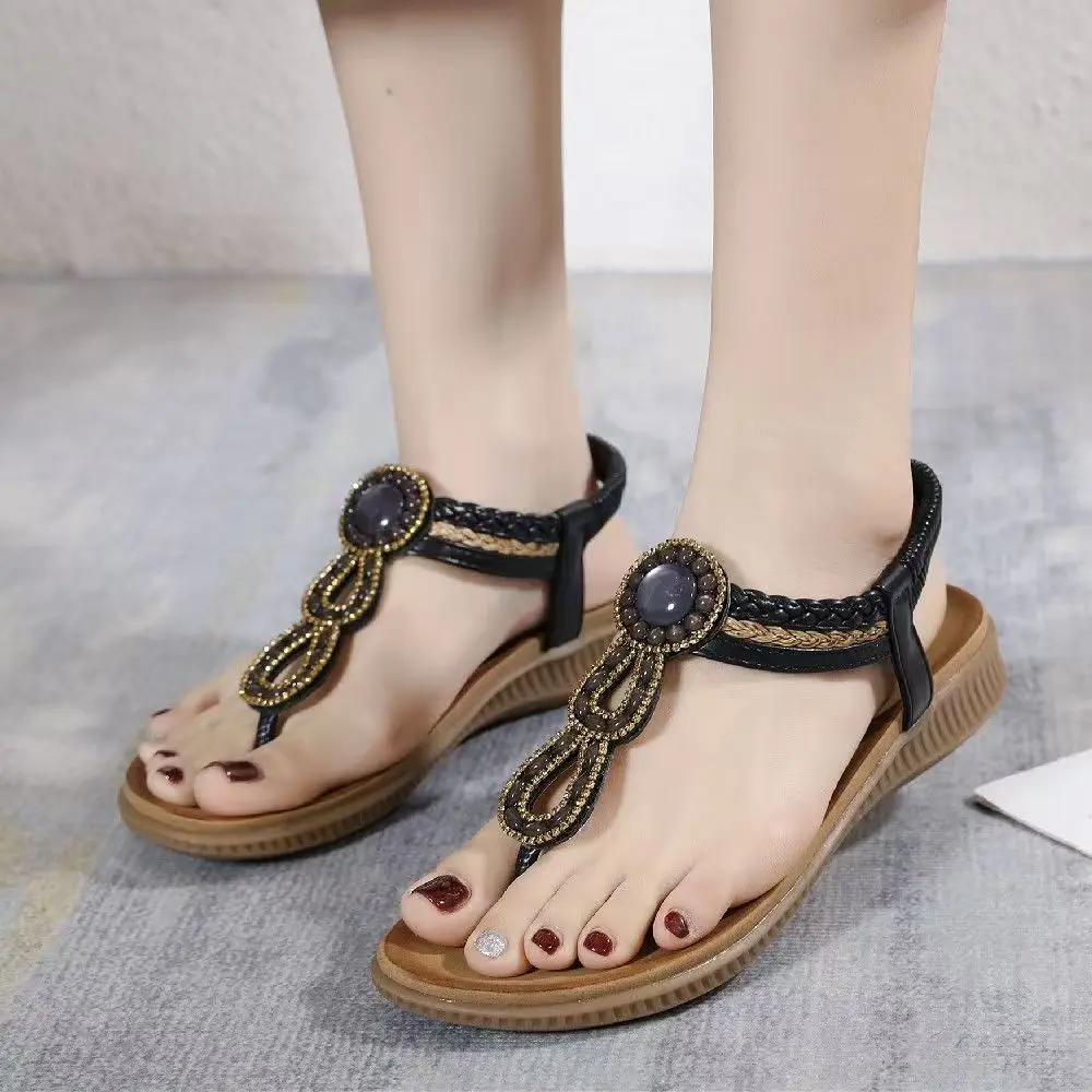 

Women Bohemian Style Big Size Flat Sole Toe Post Sandals Summer New Soft sole Slip On Rhinestone Holiday Outdoor Beach Sandals